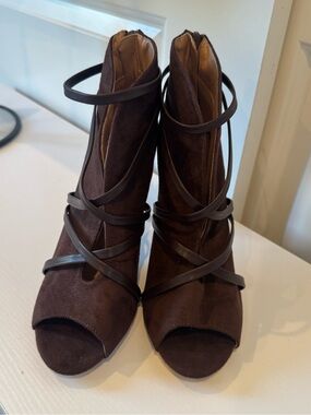 Journee Collection Brown Suede Peep-Toe Strappy Ankle Heels